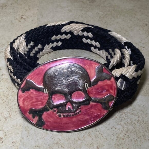 Skull & Crossbones Belt Buckle With Black & Cream Braided Cord Unisex Style - Picture 1 of 5